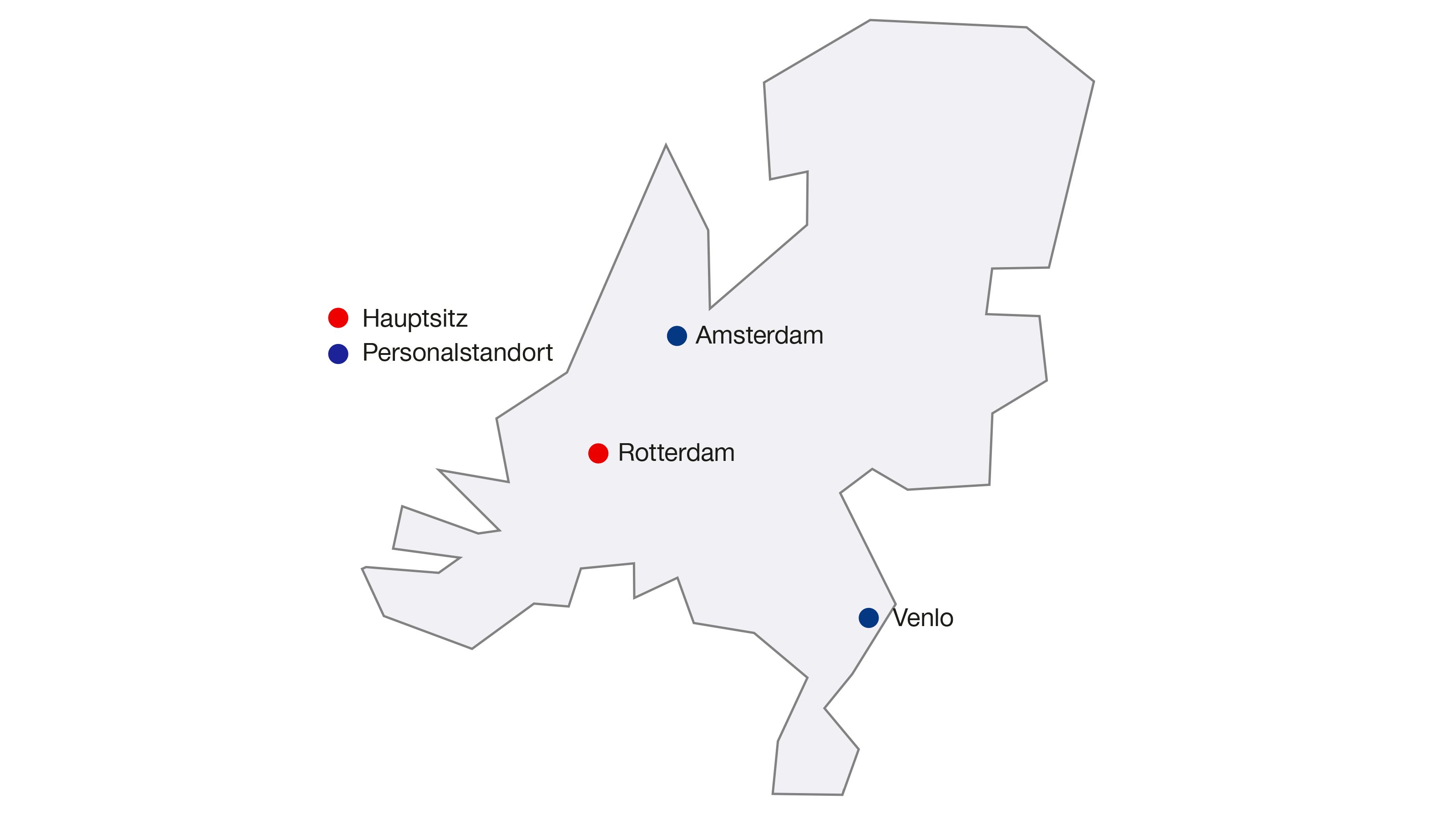 Die Standorte sind: Hauptsitz Rotterdam, gefolgt von den Personalstandorten Amsterdan und Venlo.