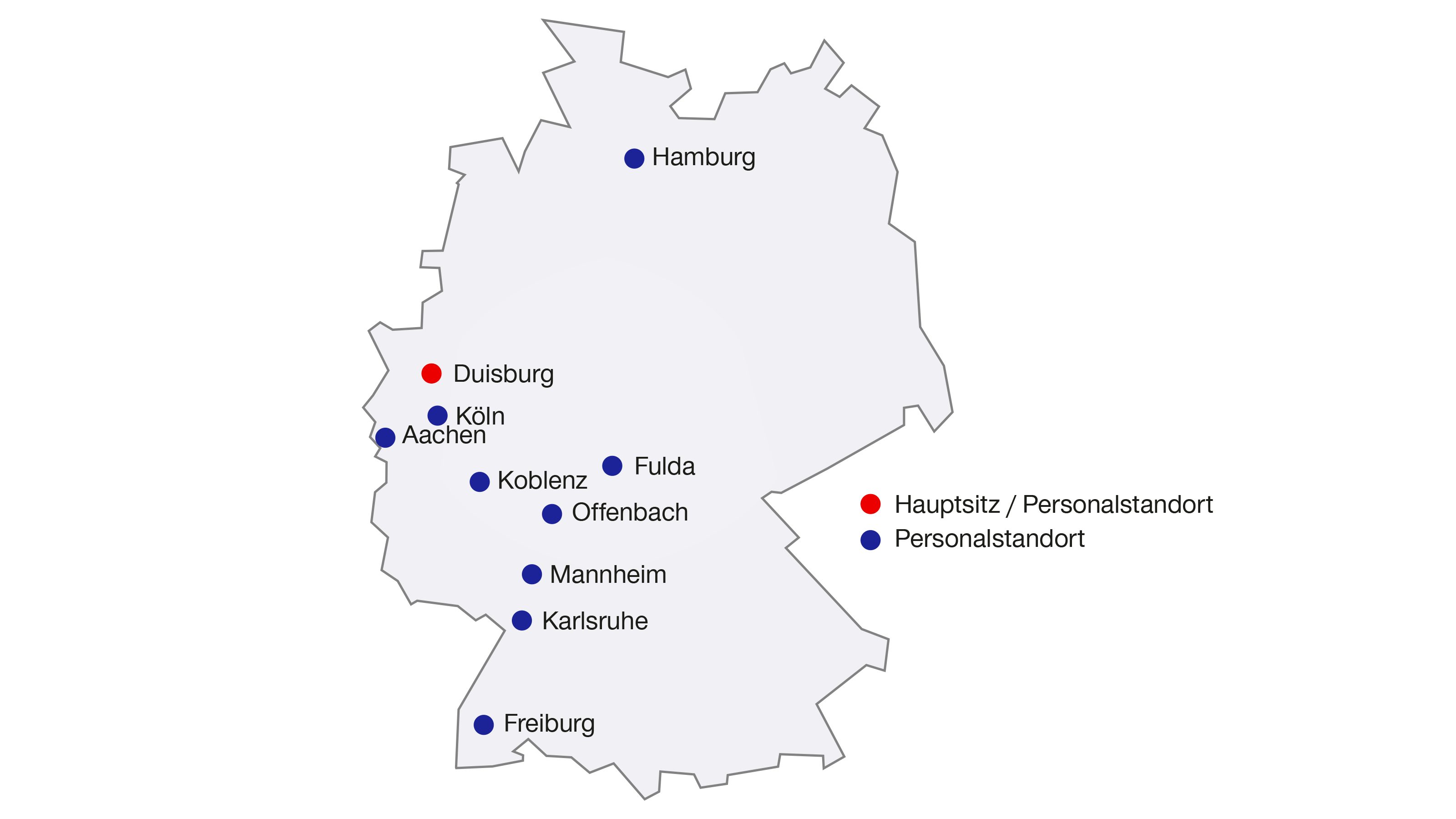 Die Standorte sind: Hauptsitz/Personalstandort Duisburg, gefolgt von den Personalstandorten Köln, Aachen, Koblenz, Offenbach, Fulda, Mannheim, Karlsruhe, Freiburg und Hamburg.