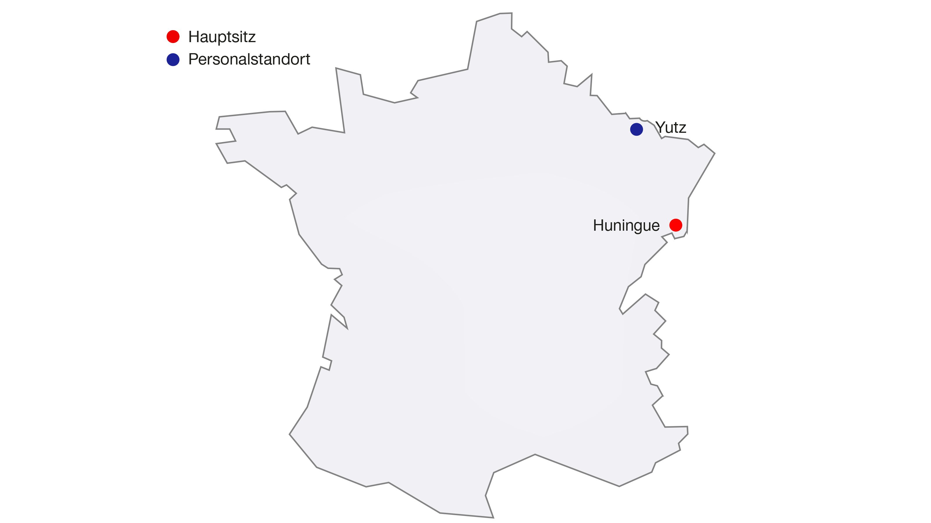 Die Standorte sind: Hauptsitz Huningue, gefolgt vom Personalstandort Yutz.