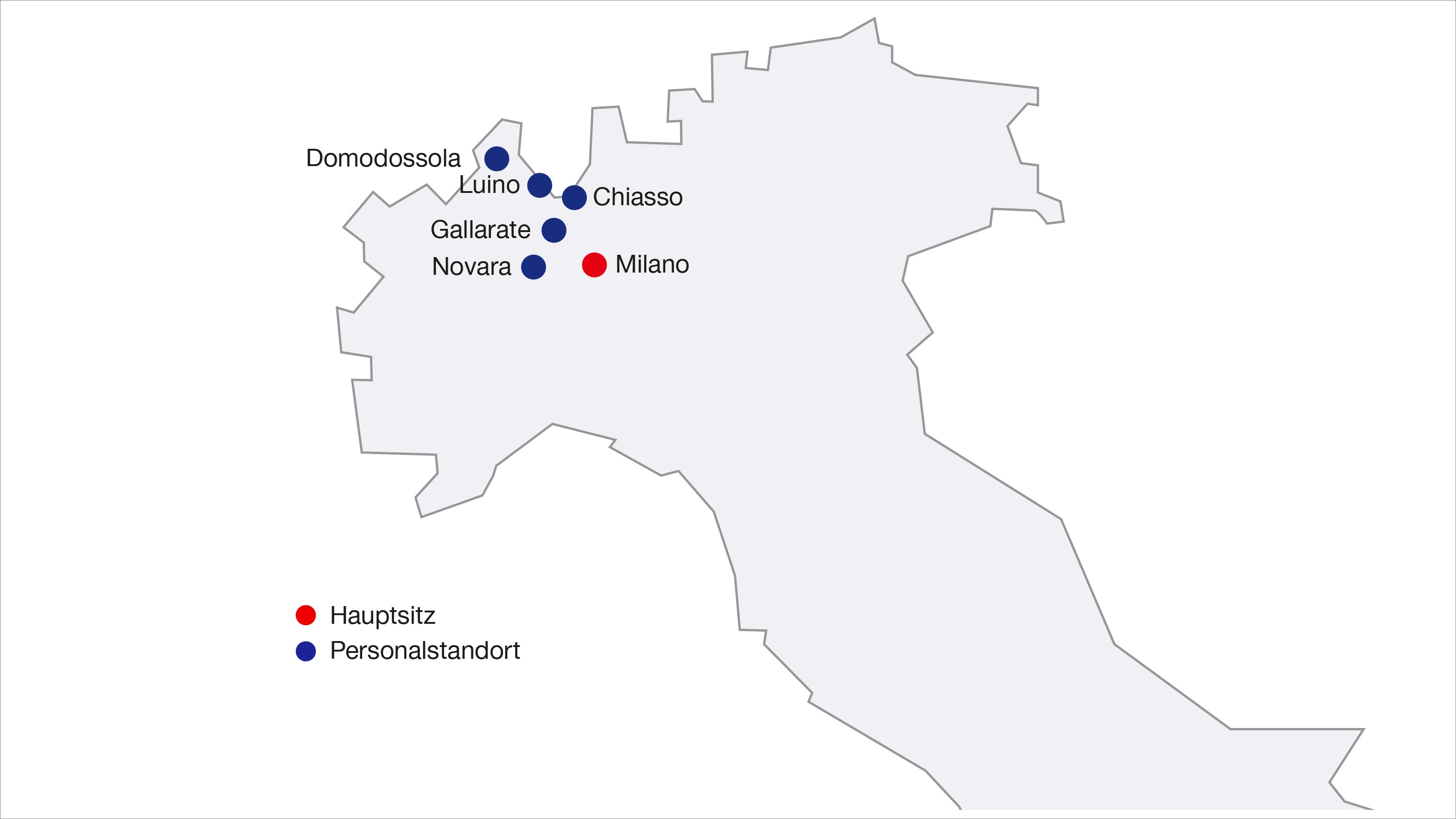 Die Standorte sind: Hauptsitz Milano, gefolgt von den Personalstandorten Domodossola, Luino, Gallarate, Novara und Chiasso.