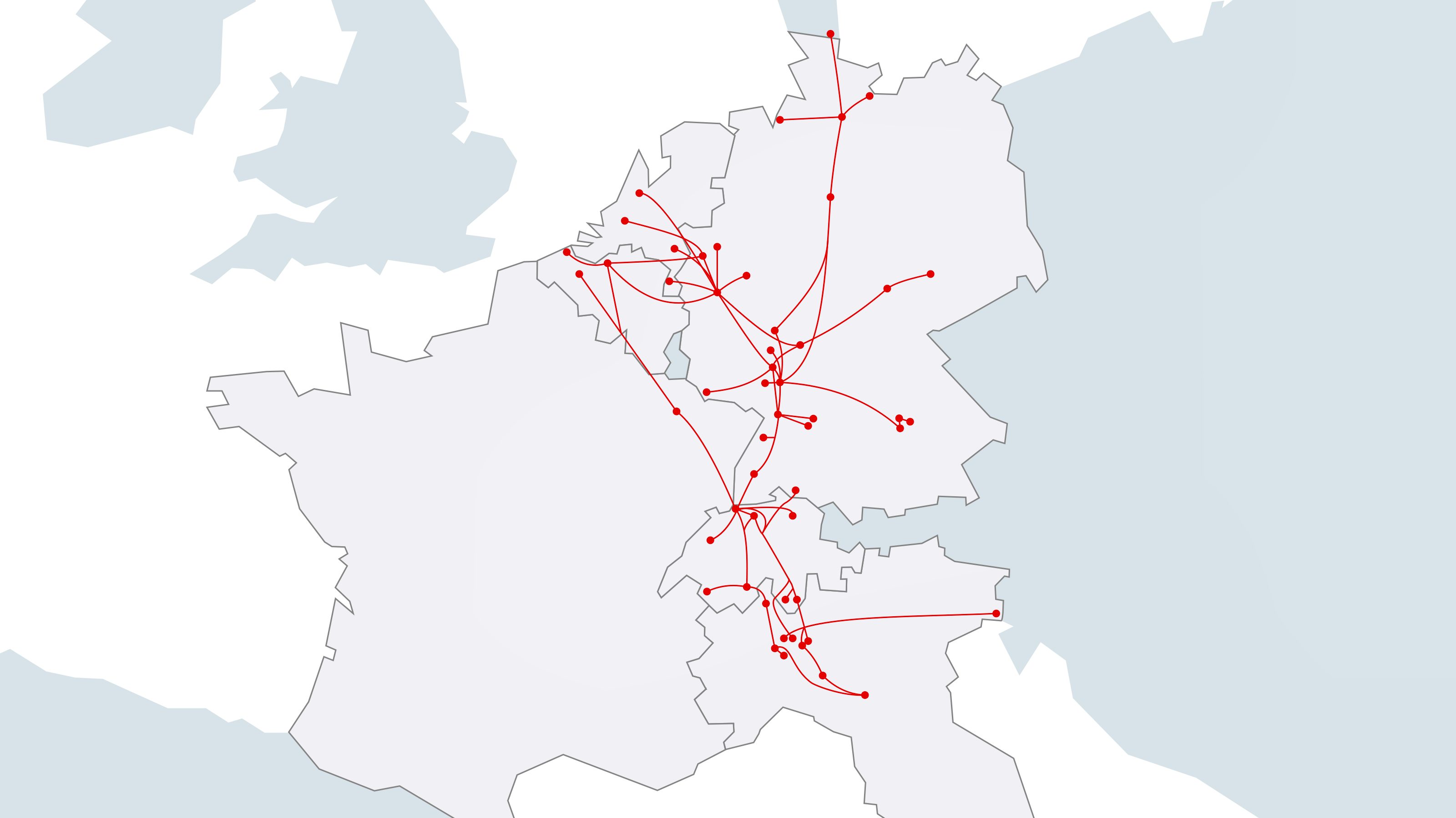 Das Transportnetz spannt sich über die Länder Schweiz, Italien, Deutschland, Frankreich, Belgien und die Niederlande.
